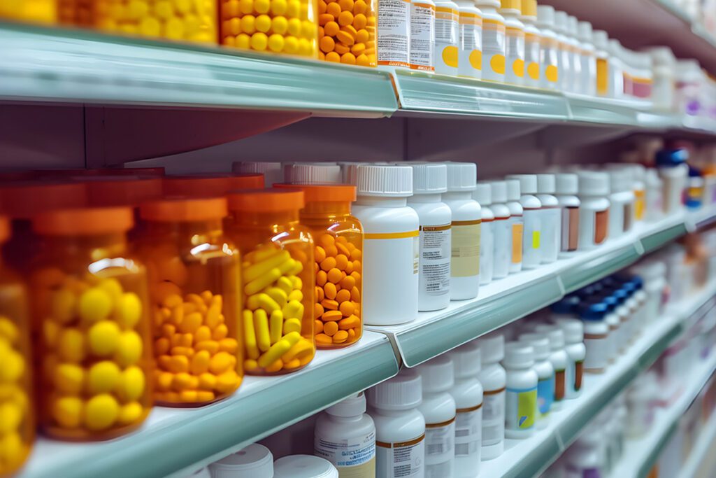 bottles of pills and medication on pharmacy shelf